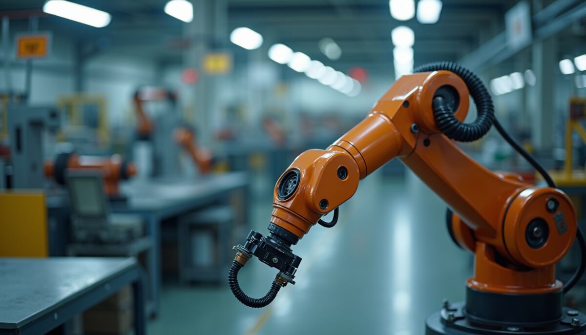 High angle view of a robotic arm in a manufacturing facility