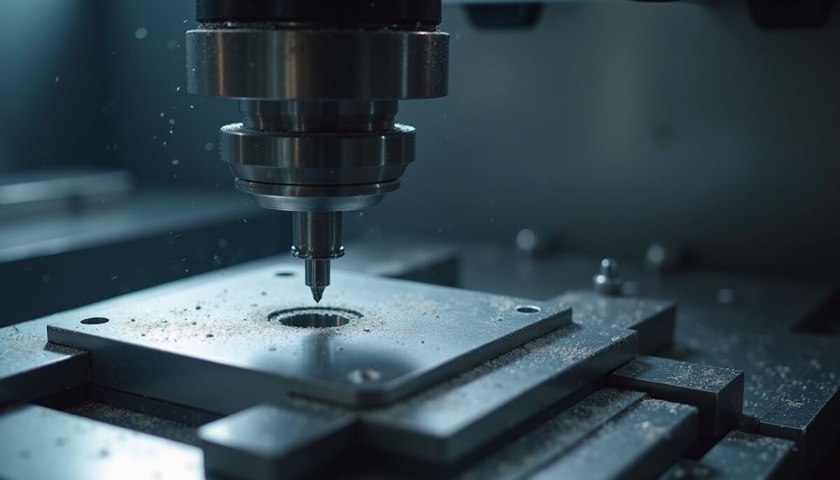 Close-up view of CNC milling machine cutting metal part