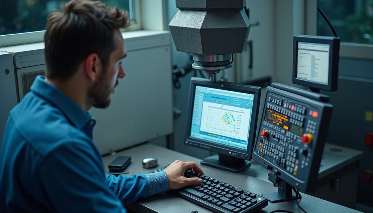 High angle view of CNC machine operator programming machine