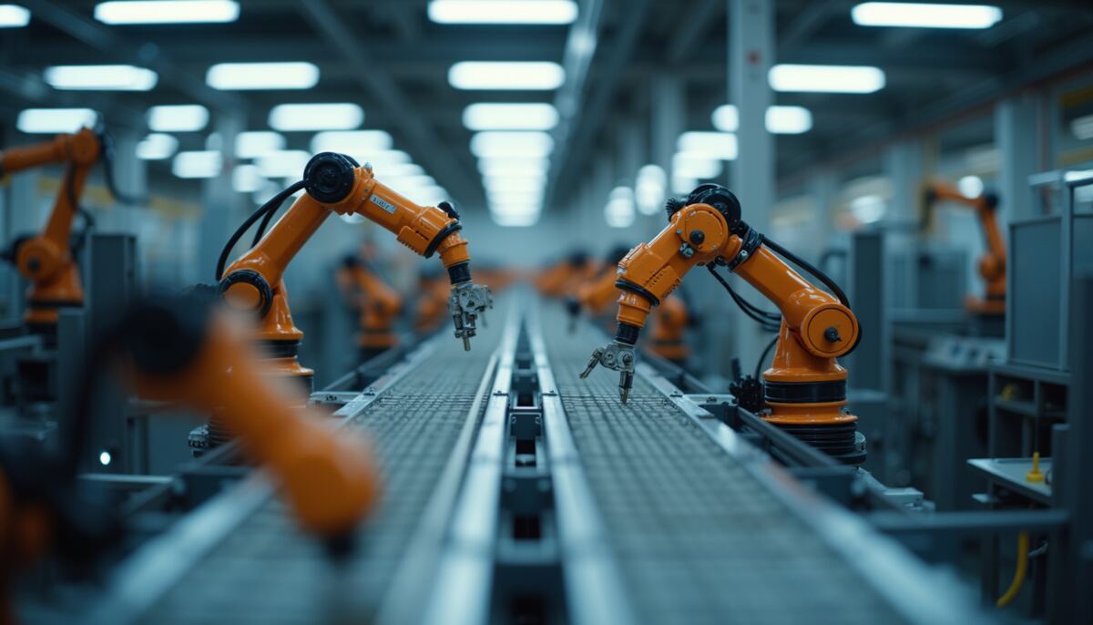 Eye-level view of an industrial assembly line with robotic arms