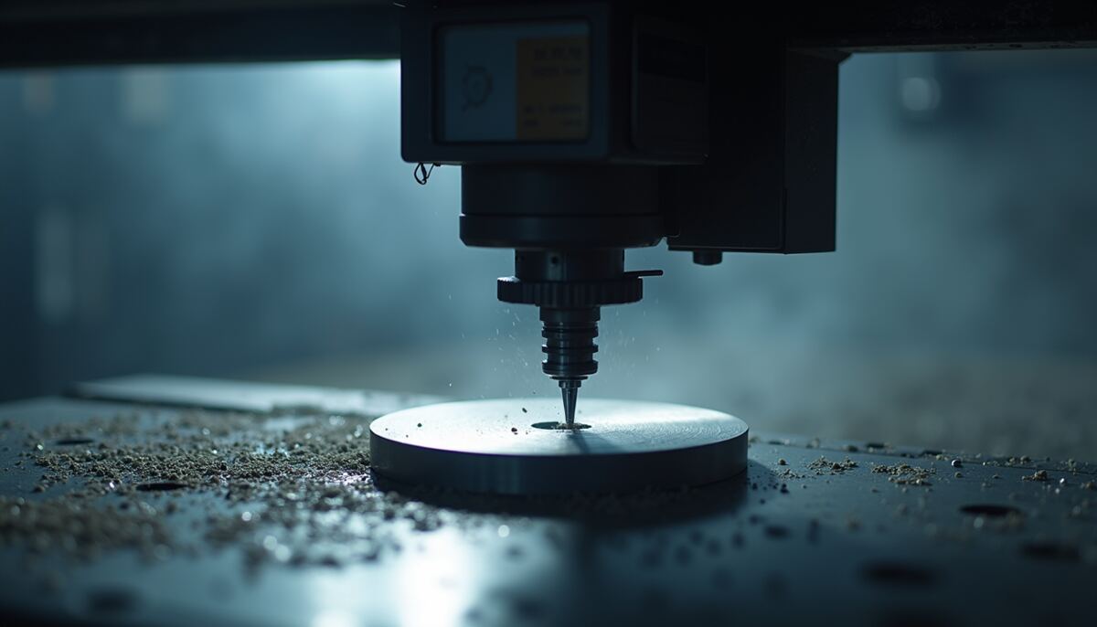 Close-up view of a CNC machine cutting metal parts